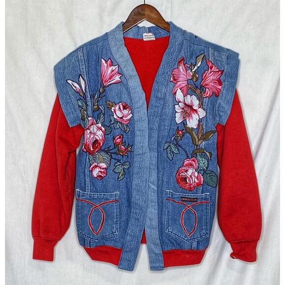 Denim Jacket Sweatshirt Combnation Floral Appliques Size M Vintage 1980s USA - Picture 1 of 8